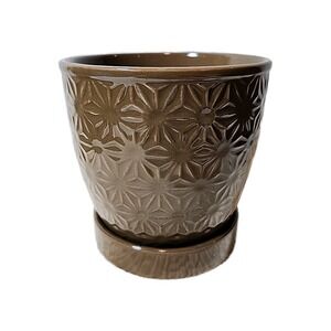 Brown Ceramic Planter with Embossed Flower Design 4.5 Diameter 4.5 Tall New
